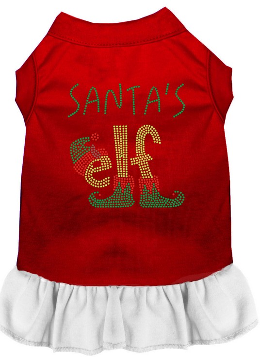 Santa's Elf Rhinestone Dog Dress Red with White Med